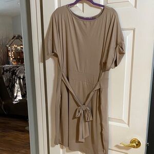 Chic Tan Midi Dress with Tie Waist